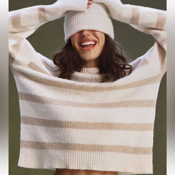 AE Whoa So Soft Crewneck Relaxed Knit Cream Tan Stripe Sweater - Picture 3 of 16